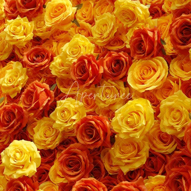 Aperturee - Aperturee Vibrant Ombre Rose Artificial Flower Wall Backdrop Yellow Orange Pink for Wedding and Party Photography