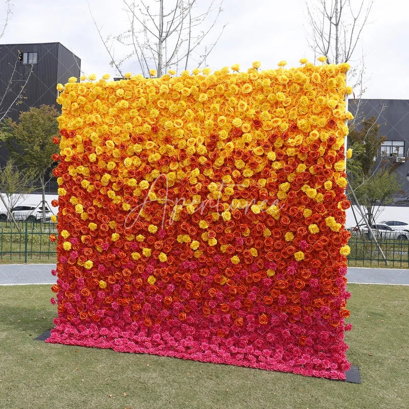 Aperturee - Aperturee Vibrant Ombre Rose Artificial Flower Wall Backdrop Yellow Orange Pink for Wedding and Party Photography