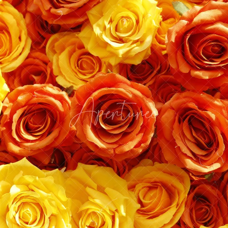 Aperturee - Aperturee Vibrant Ombre Rose Artificial Flower Wall Backdrop Yellow Orange Pink for Wedding and Party Photography
