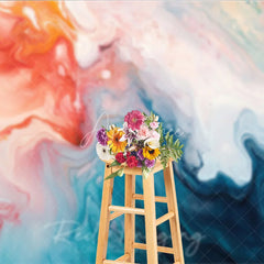 Aperturee - Aperturee Vibrant Orange and Blue Abstract Fluid Art Photography Backdrop Modern Marble Swirl Design for Studio Portraits