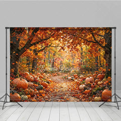 Aperturee - Aperturee Vibrant Orange and Red Autumn Forest Path Photography Backdrop Rustic Pumpkins and Fall Leaves Harvest Season Decor