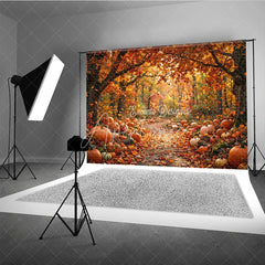 Aperturee - Aperturee Vibrant Orange and Red Autumn Forest Path Photography Backdrop Rustic Pumpkins and Fall Leaves Harvest Season Decor