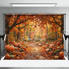 Aperturee - Aperturee Vibrant Orange and Red Autumn Forest Path Photography Backdrop Rustic Pumpkins and Fall Leaves Harvest Season Decor