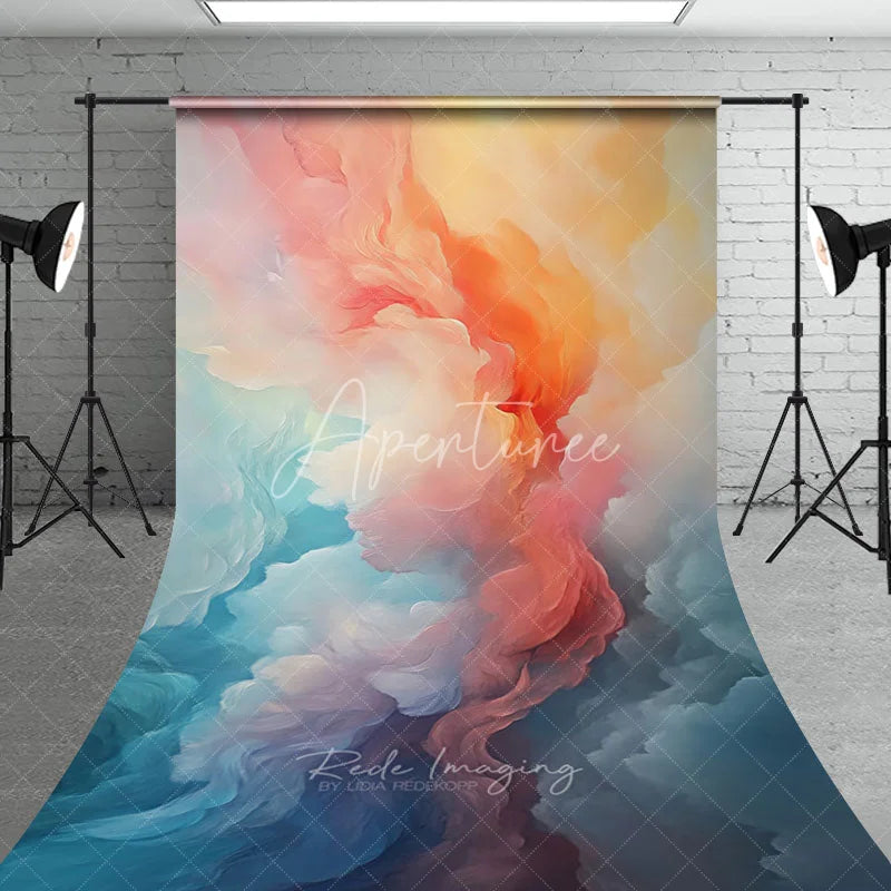 Aperturee - Aperturee Vibrant Orange Peach and Blue Abstract Painterly Textured Sweep Backdrop Ethereal Cloud Art Photography Background
