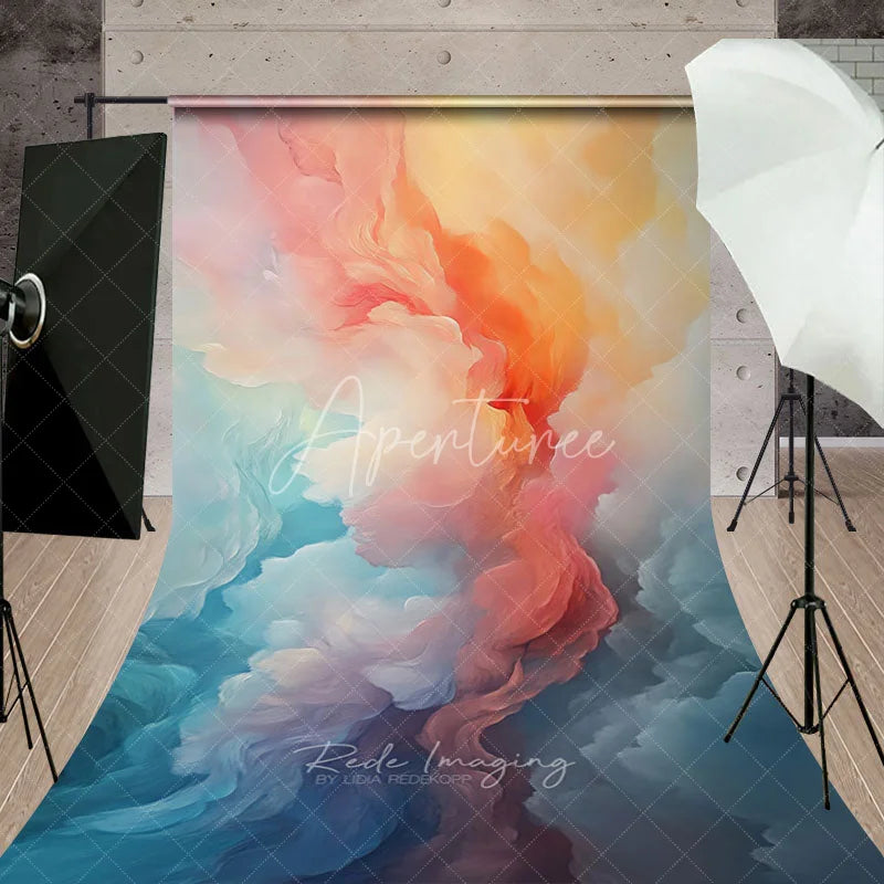 Aperturee - Aperturee Vibrant Orange Peach and Blue Abstract Painterly Textured Sweep Backdrop Ethereal Cloud Art Photography Background