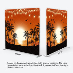 Aperturee - Aperturee Vibrant Orange Sunset with Palm Trees and String Lights Square Double-Sided Backdrop Tropical Summer Party Decor