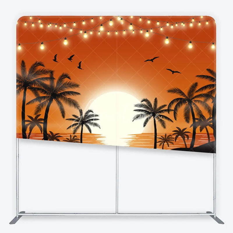 Aperturee - Aperturee Vibrant Orange Sunset with Palm Trees and String Lights Square Double-Sided Backdrop Tropical Summer Party Decor