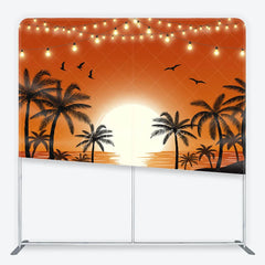 Aperturee - Aperturee Vibrant Orange Sunset with Palm Trees and String Lights Square Double-Sided Backdrop Tropical Summer Party Decor