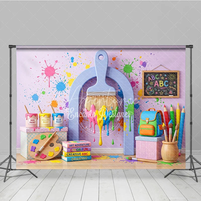 Aperturee - Aperturee Vibrant Paint Splatter Photography Backdrop featuring Art Supplies School Elements and Creative Fun