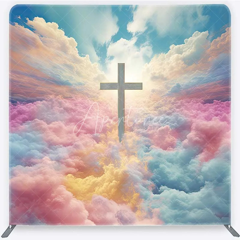 Aperturee - Aperturee Vibrant Pastel Cloud Sky and Cross Square Double-Sided Backdrop Heavenly Religious Event Decor for Baptism