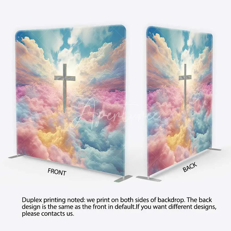 Aperturee - Aperturee Vibrant Pastel Cloud Sky and Cross Square Double-Sided Backdrop Heavenly Religious Event Decor for Baptism