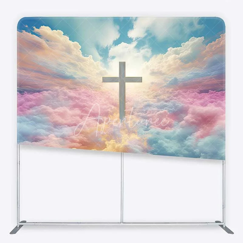 Aperturee - Aperturee Vibrant Pastel Cloud Sky and Cross Square Double-Sided Backdrop Heavenly Religious Event Decor for Baptism