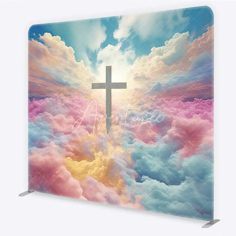 Aperturee - Aperturee Vibrant Pastel Cloud Sky and Cross Square Double-Sided Backdrop Heavenly Religious Event Decor for Baptism