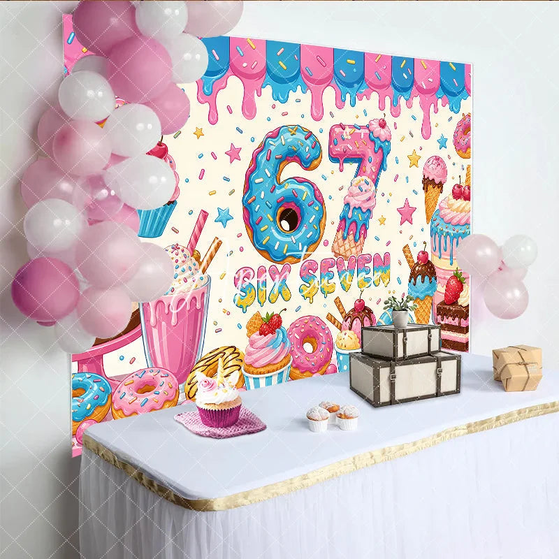Aperturee - Aperturee Vibrant Pink and Blue Donut Number 6 7th Birthday Backdrop with Sweet Dessert Candy Theme Kids Party Decor.