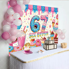 Aperturee - Aperturee Vibrant Pink and Blue Donut Number 6 7th Birthday Backdrop with Sweet Dessert Candy Theme Kids Party Decor.