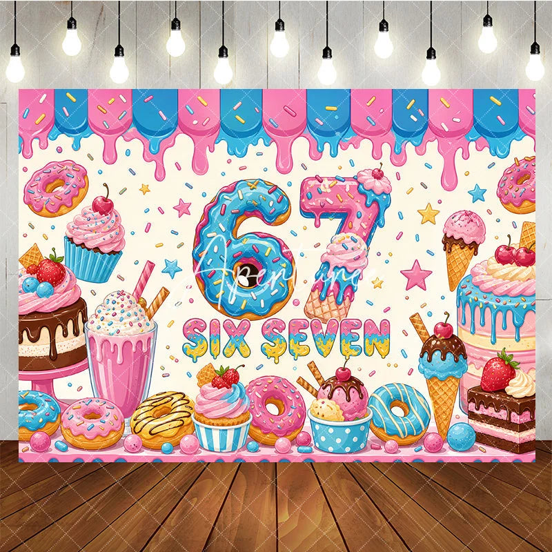 Aperturee - Aperturee Vibrant Pink and Blue Donut Number 6 7th Birthday Backdrop with Sweet Dessert Candy Theme Kids Party Decor.