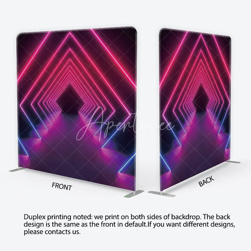 Aperturee - Aperturee Vibrant Pink and Blue Neon Geometric Tunnel Square Double-Sided Backdrop Futuristic Party Photography Decor