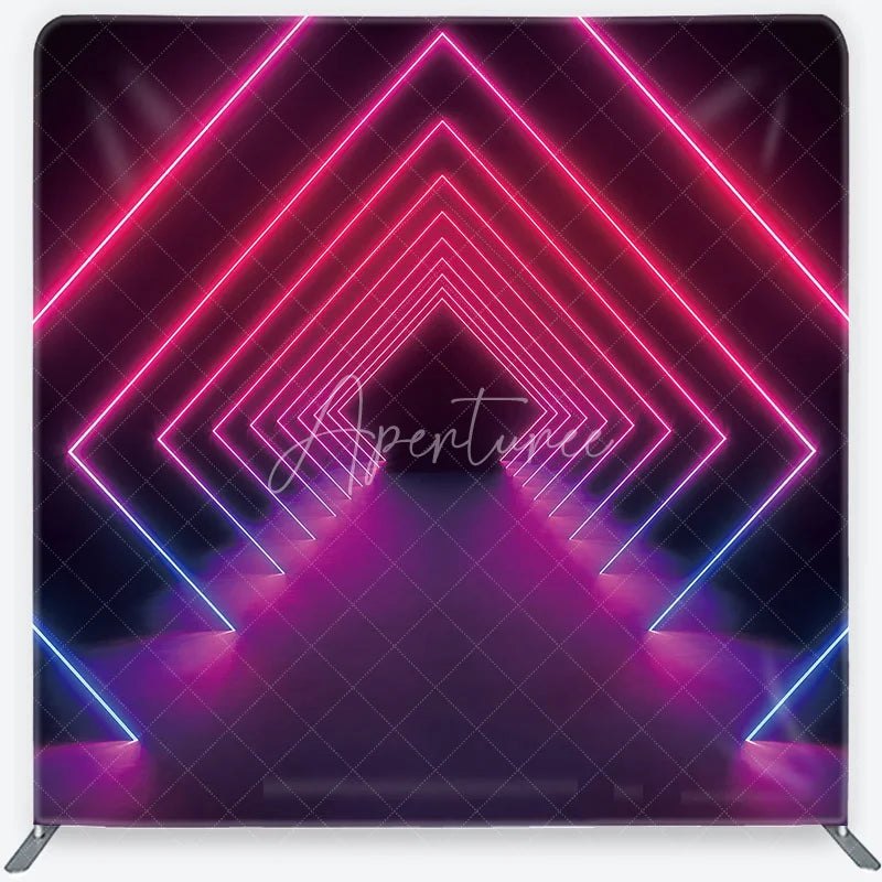 Aperturee - Aperturee Vibrant Pink and Blue Neon Geometric Tunnel Square Double-Sided Backdrop Futuristic Party Photography Decor