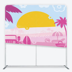 Aperturee - Aperturee Vibrant Pink and Blue Summer Beach Square Double-Sided Backdrop featuring a Jeep and Surfboard