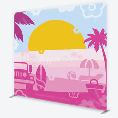 Aperturee - Aperturee Vibrant Pink and Blue Summer Beach Square Double-Sided Backdrop featuring a Jeep and Surfboard