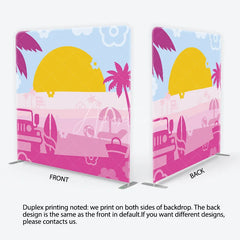 Aperturee - Aperturee Vibrant Pink and Blue Summer Beach Square Double-Sided Backdrop featuring a Jeep and Surfboard