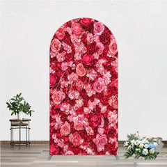 Aperturee - Aperturee Vibrant Pink and Red Roses Floral Wall Round Top Arch Backdrop Romantic Wedding Party Decor
