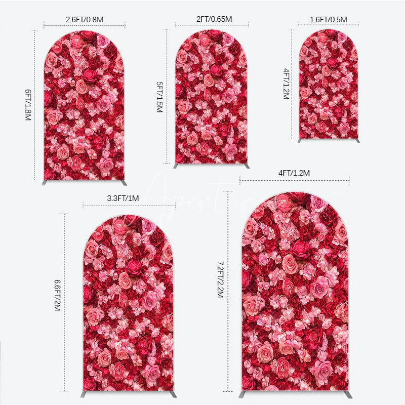 Aperturee - Aperturee Vibrant Pink and Red Roses Floral Wall Round Top Arch Backdrop Romantic Wedding Party Decor