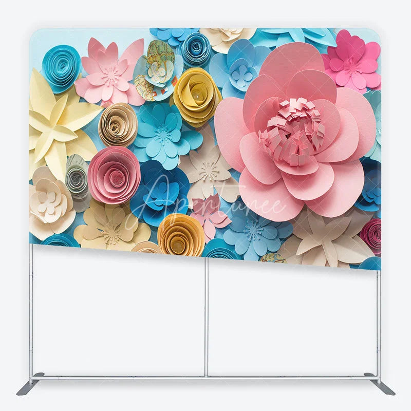 Aperturee - Aperturee Vibrant Pink Blue Yellow Paper Flowers Square Double-Sided Backdrop Artistic Floral Craft Theme Decor