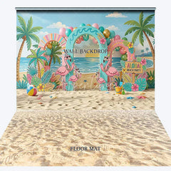 Aperturee - Aperturee Vibrant Pink Flamingo Tropical Beach Party Combo Set Backdrop with Palm Trees Aloha Sign for Summer Birthday Decor.