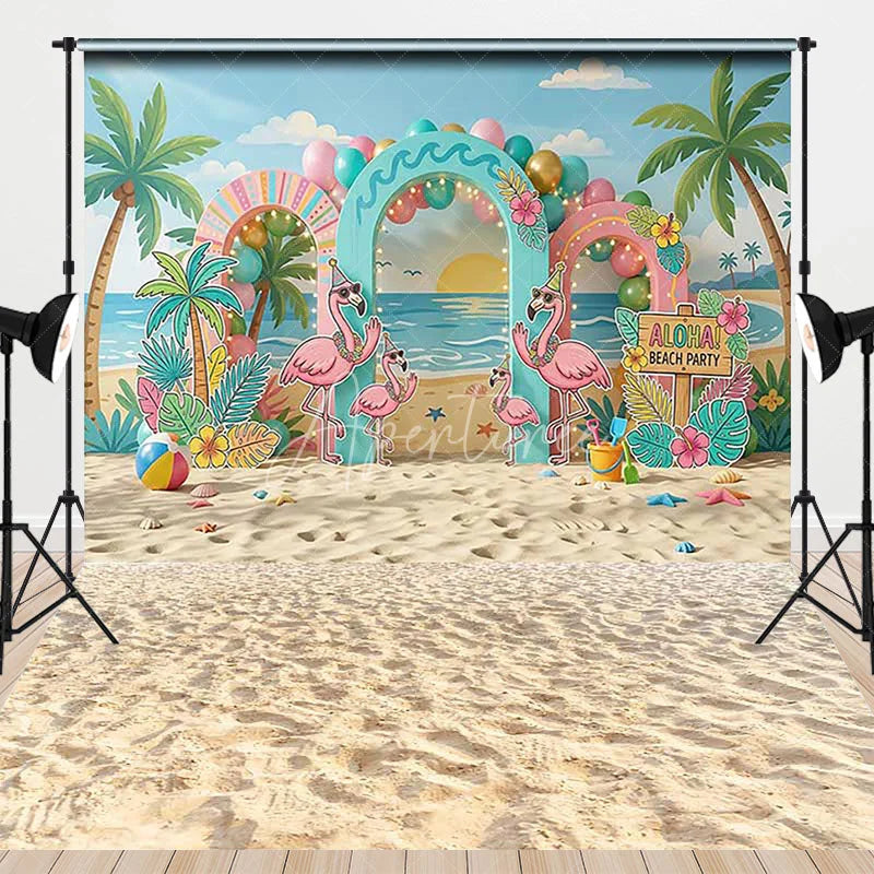 Aperturee - Aperturee Vibrant Pink Flamingo Tropical Beach Party Combo Set Backdrop with Palm Trees Aloha Sign for Summer Birthday Decor.
