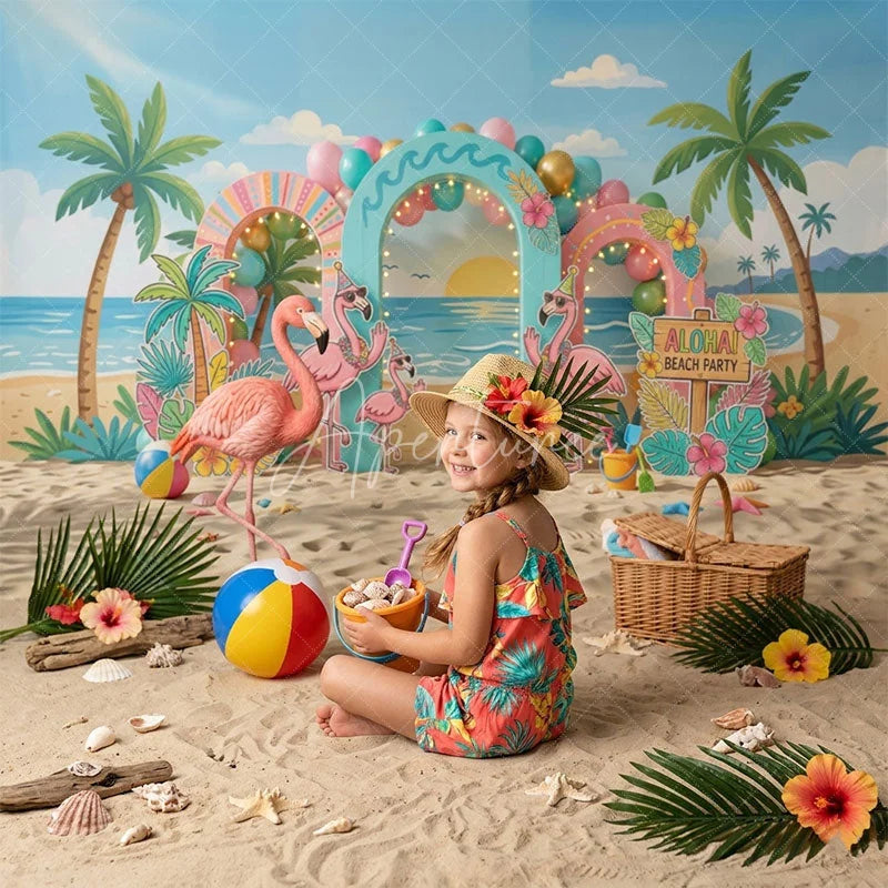 Aperturee - Aperturee Vibrant Pink Flamingo Tropical Beach Party Combo Set Backdrop with Palm Trees Aloha Sign for Summer Birthday Decor.