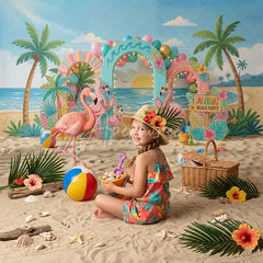 Aperturee - Aperturee Vibrant Pink Flamingo Tropical Beach Party Combo Set Backdrop with Palm Trees Aloha Sign for Summer Birthday Decor.