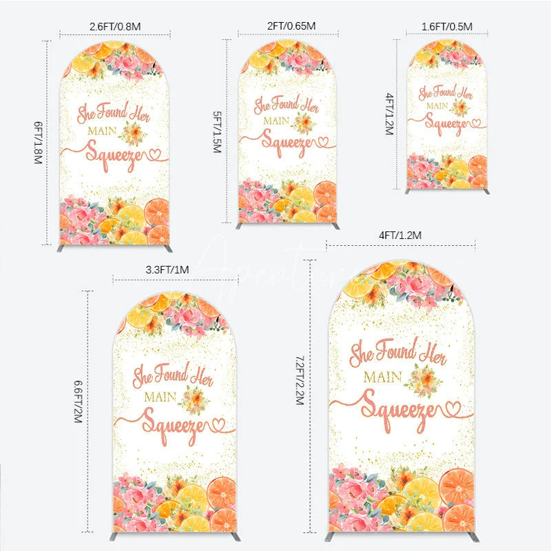 Aperturee - Aperturee Vibrant Pink Floral and Citrus She Found Her Main Squeezer Round Top Arch Backdrop Bridal Shower Engagement Party