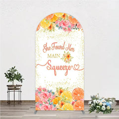 Aperturee - Aperturee Vibrant Pink Floral and Citrus She Found Her Main Squeezer Round Top Arch Backdrop Bridal Shower Engagement Party
