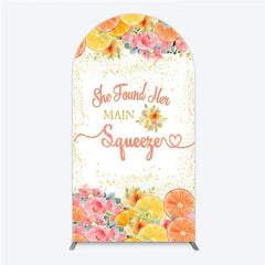 Aperturee - Aperturee Vibrant Pink Floral and Citrus She Found Her Main Squeezer Round Top Arch Backdrop Bridal Shower Engagement Party