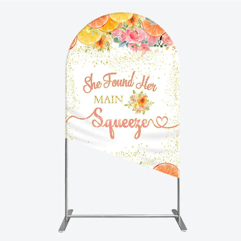 Aperturee - Aperturee Vibrant Pink Floral and Citrus She Found Her Main Squeezer Round Top Arch Backdrop Bridal Shower Engagement Party