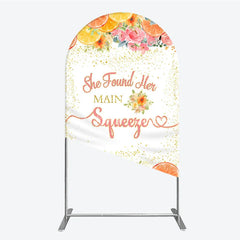 Aperturee - Aperturee Vibrant Pink Floral and Citrus She Found Her Main Squeezer Round Top Arch Backdrop Bridal Shower Engagement Party