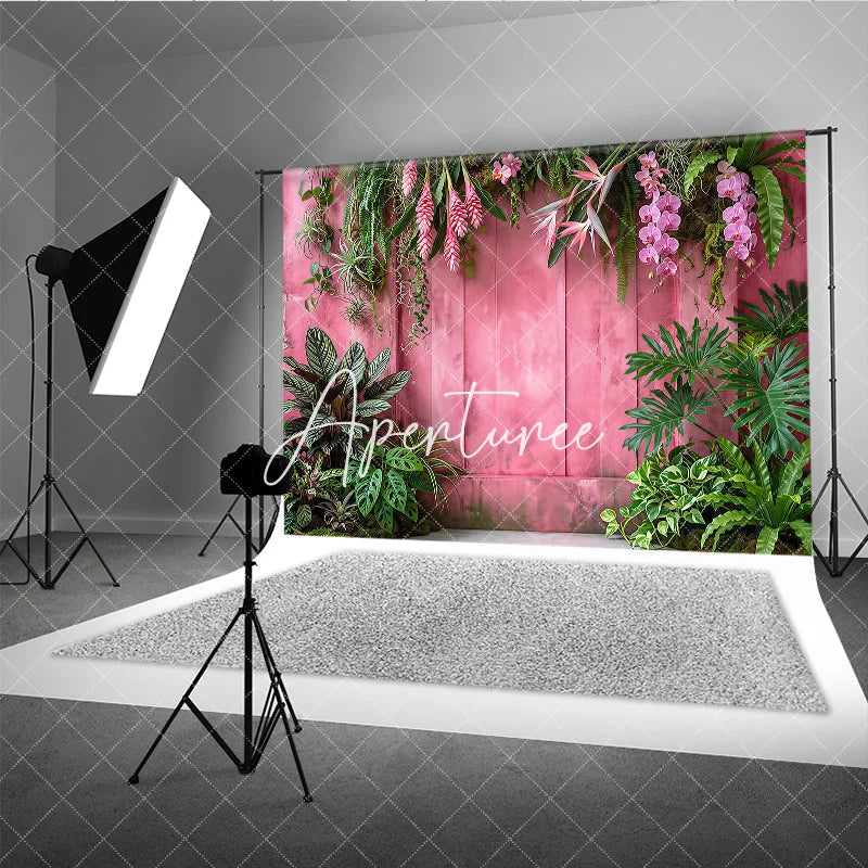 Aperturee - Aperturee Vibrant Pink Wooden Wall with Lush Tropical Foliage and Pink Orchid Flowers Photography Backdrop Elegant Nature Theme