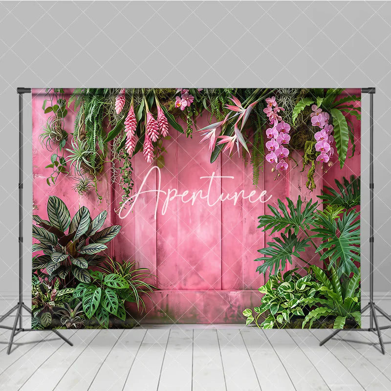 Aperturee - Aperturee Vibrant Pink Wooden Wall with Lush Tropical Foliage and Pink Orchid Flowers Photography Backdrop Elegant Nature Theme