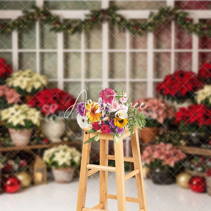 Aperturee - Aperturee Vibrant Poinsettia and Christmas Tree Holiday Backdrop Festive Winter Window Scene for Photography