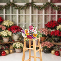 Aperturee - Aperturee Vibrant Poinsettia and Christmas Tree Holiday Backdrop Festive Winter Window Scene for Photography
