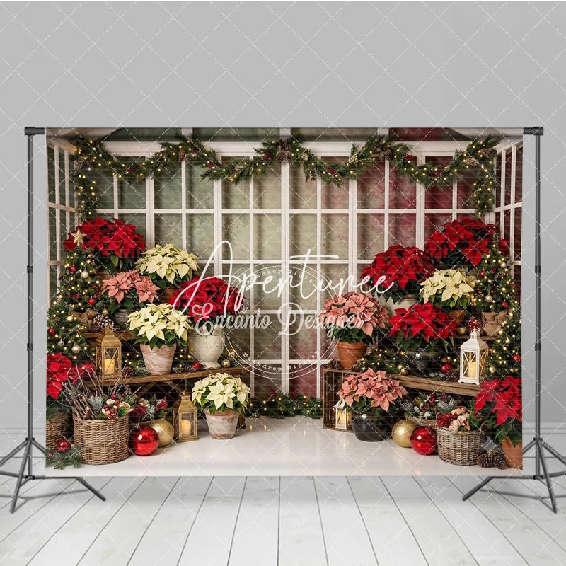 Aperturee - Aperturee Vibrant Poinsettia and Christmas Tree Holiday Backdrop Festive Winter Window Scene for Photography