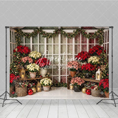 Aperturee - Aperturee Vibrant Poinsettia and Christmas Tree Holiday Backdrop Festive Winter Window Scene for Photography