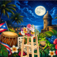 Aperturee - Aperturee Vibrant Puerto Rican Flag and Coqui Frog Holiday Backdrop Tropical Night Celebration with Historic Fort and Dominoes