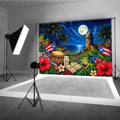 Aperturee - Aperturee Vibrant Puerto Rican Flag and Coqui Frog Holiday Backdrop Tropical Night Celebration with Historic Fort and Dominoes
