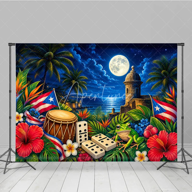 Aperturee - Aperturee Vibrant Puerto Rican Flag and Coqui Frog Holiday Backdrop Tropical Night Celebration with Historic Fort and Dominoes