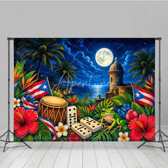 Aperturee - Aperturee Vibrant Puerto Rican Flag and Coqui Frog Holiday Backdrop Tropical Night Celebration with Historic Fort and Dominoes