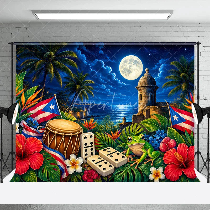 Aperturee - Aperturee Vibrant Puerto Rican Flag and Coqui Frog Holiday Backdrop Tropical Night Celebration with Historic Fort and Dominoes
