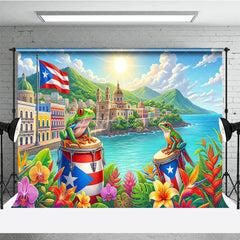 Aperturee - Aperturee Vibrant Puerto Rican Flag and Coqui Frogs Tropical Holiday Backdrop Caribbean Town Ocean Scenery Party Decor