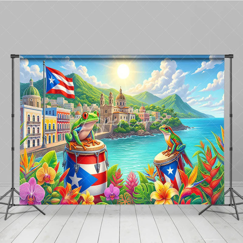 Aperturee - Aperturee Vibrant Puerto Rican Flag and Coqui Frogs Tropical Holiday Backdrop Caribbean Town Ocean Scenery Party Decor